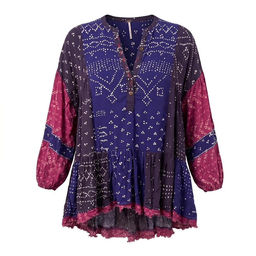 Free People Tunic Top Womens XS Boho Patchwork Bandhani Baby doll Ruffle Pocket